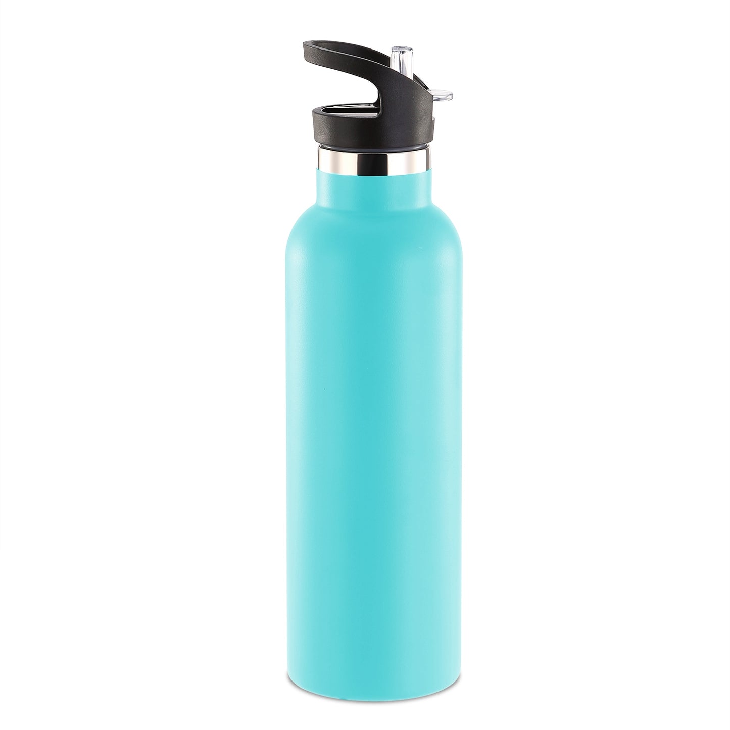 Turquoise water bottle with a black lid on a white background