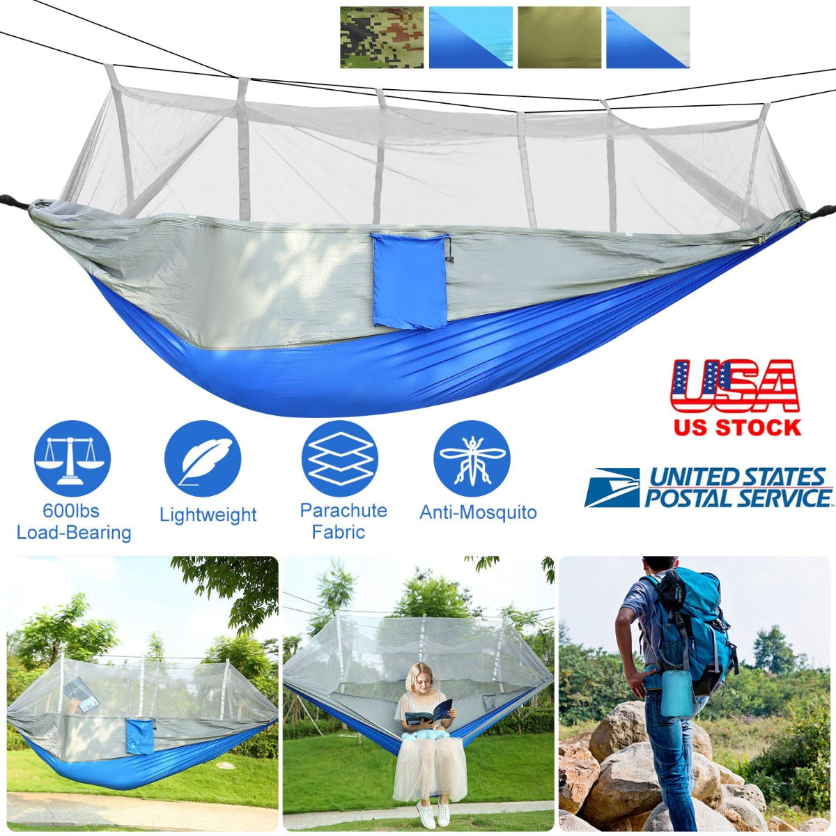 Blue camping hammock with mosquito net, features listed, and usage scenarios.