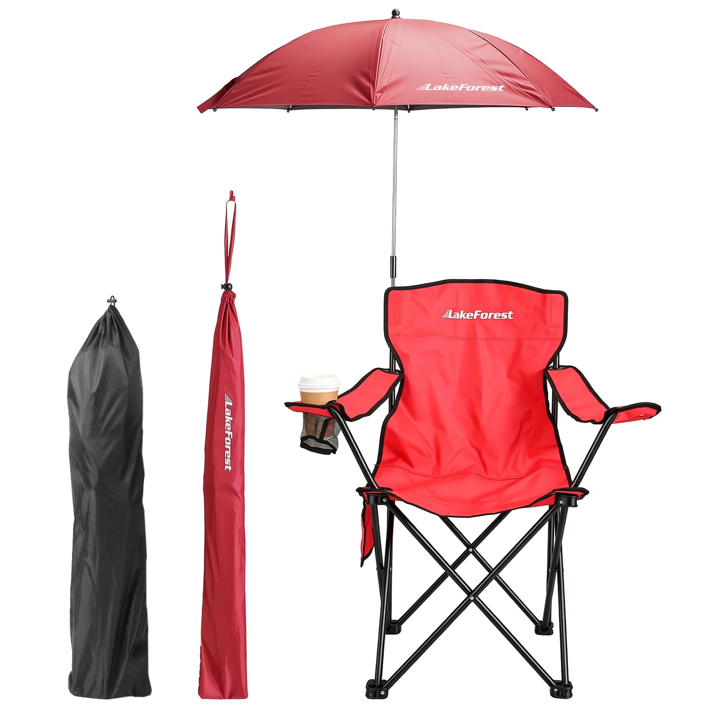 Lake Forest Red Foldable Camping Chair with Detachable Umbrella
