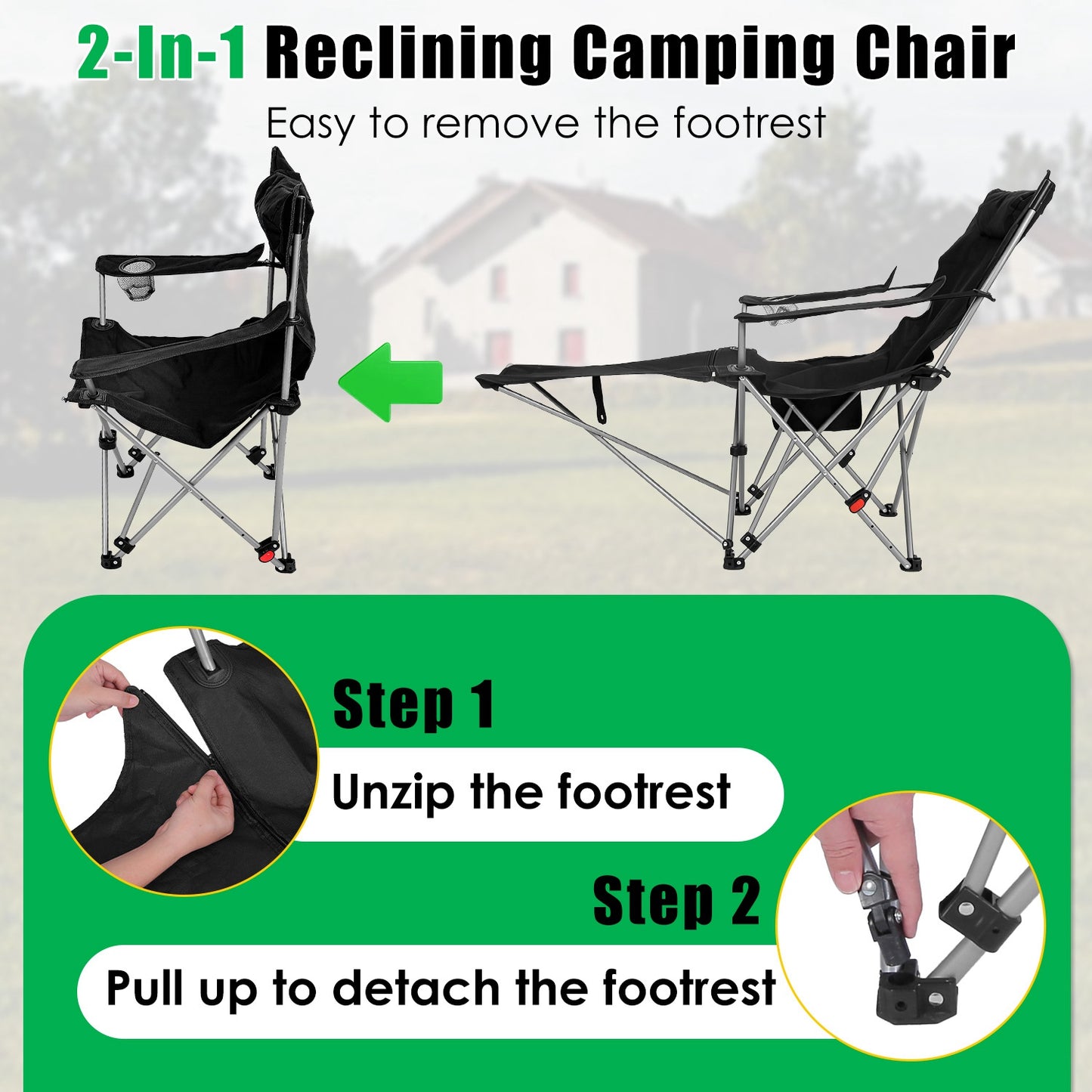Lake Forest Black Reclining Camping Chair with Detachable Footrest