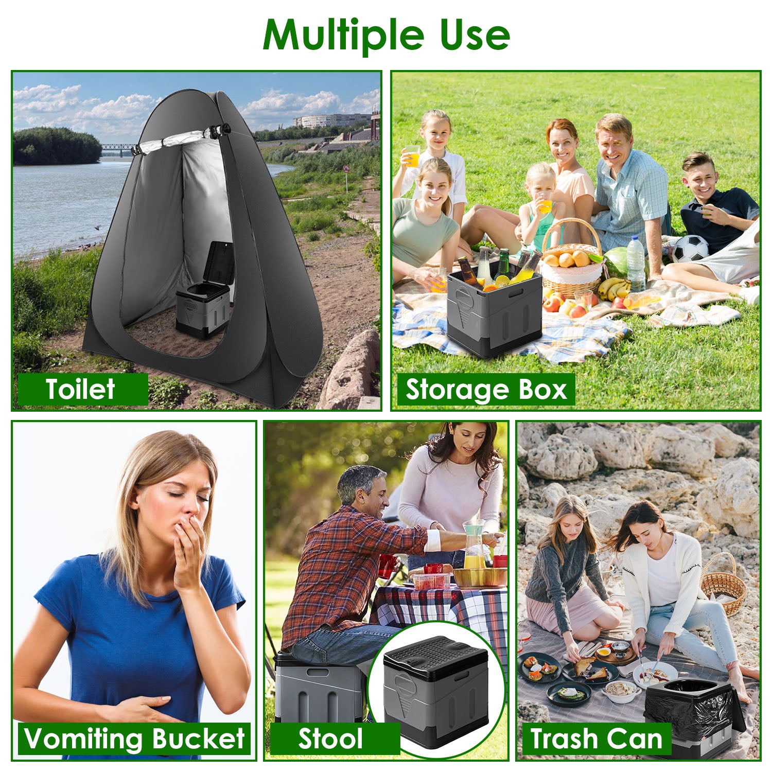 Multifunctional outdoor product with various uses including toilet, storage box, vomiting bucket, stool, and trash can.