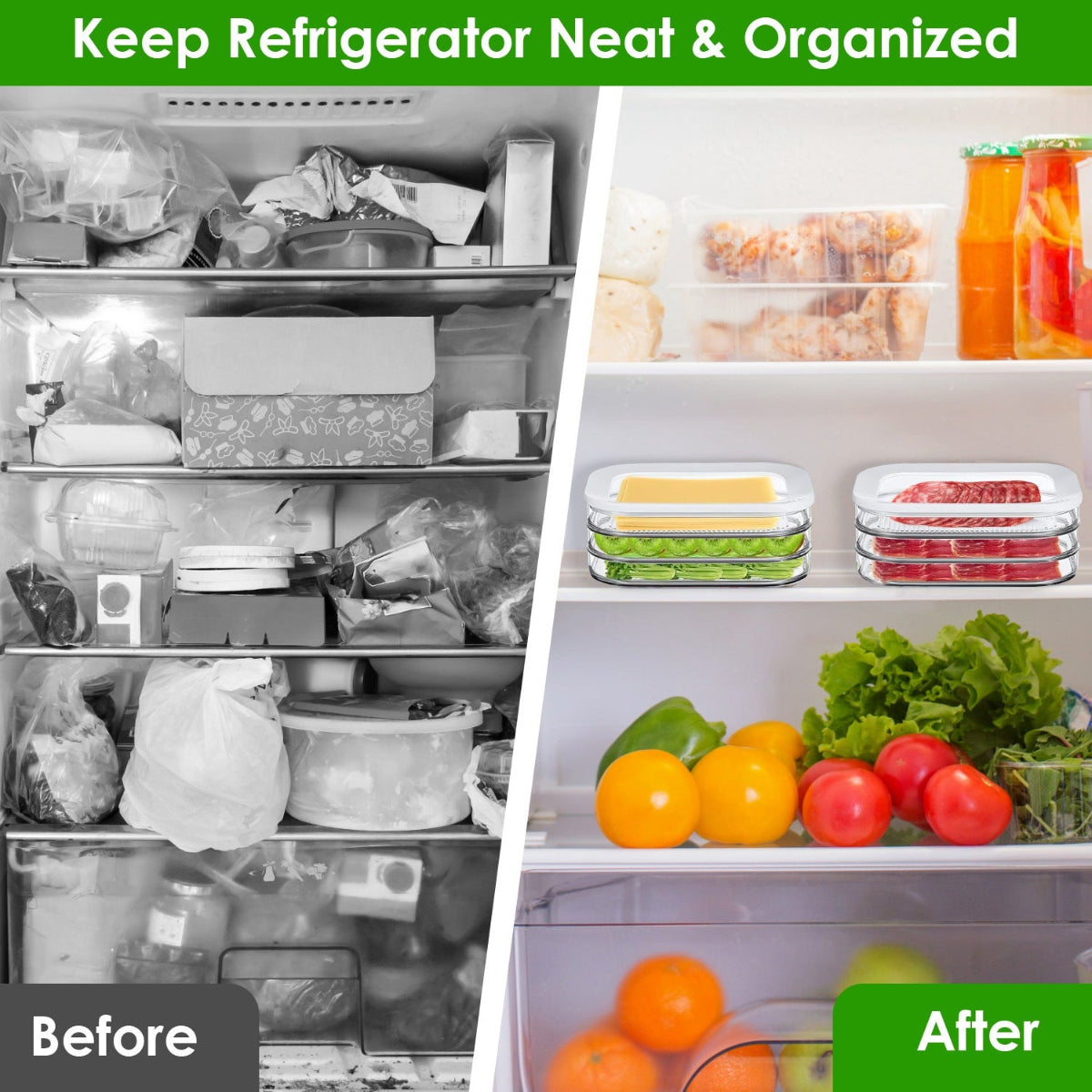 Before and after comparison of a refrigerator with food organization.