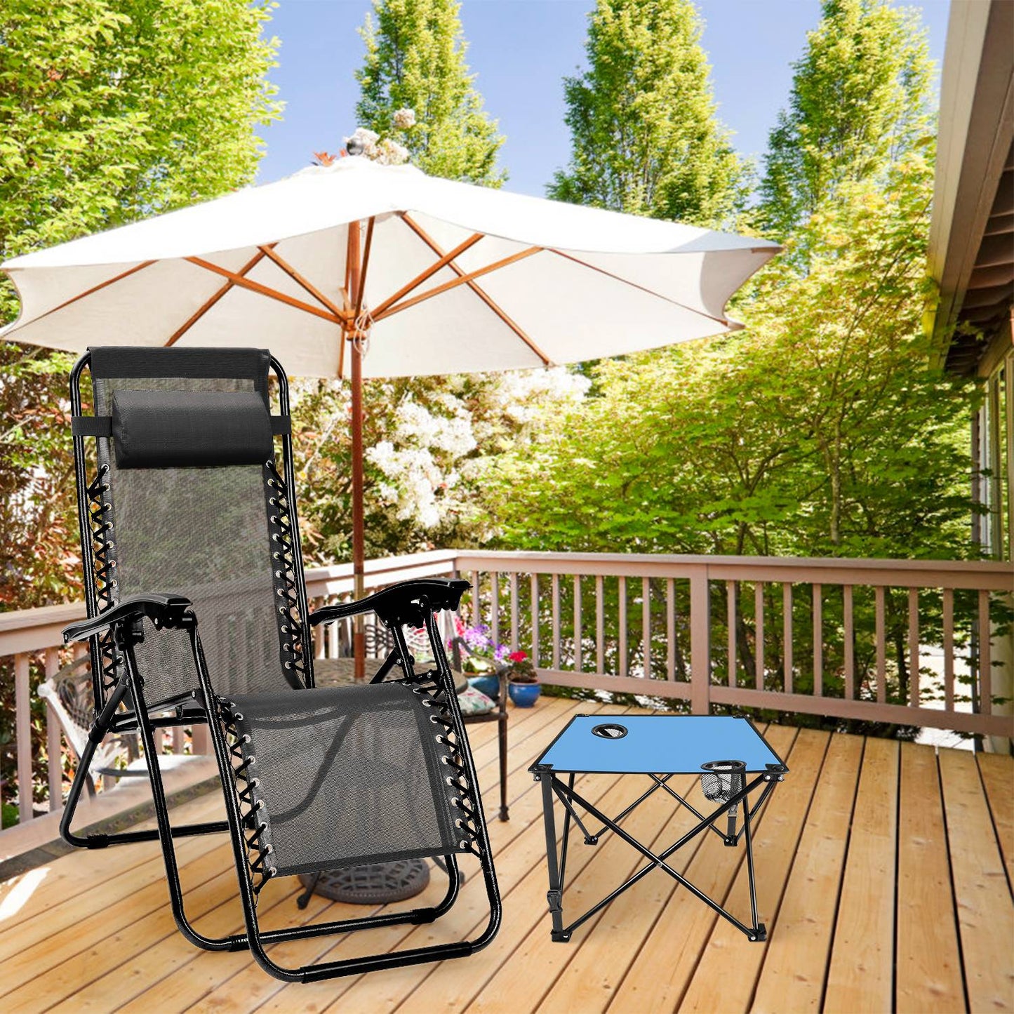 Lake Forest Blue Portable Folding Camping Table with 2 Cup Holders