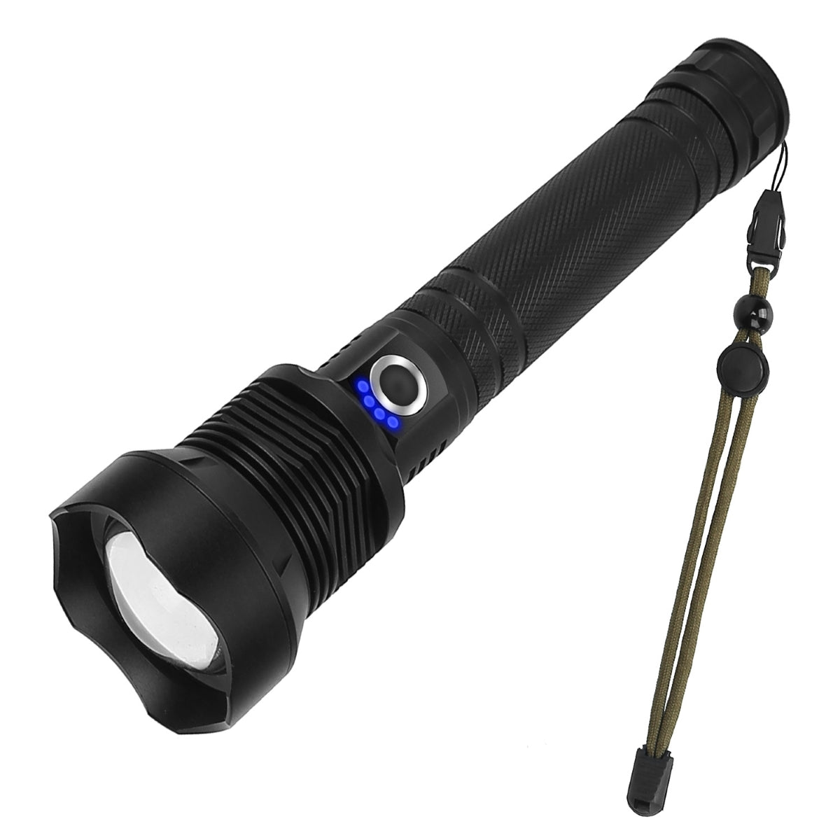 Black handheld flashlight with wrist lanyard on a white background