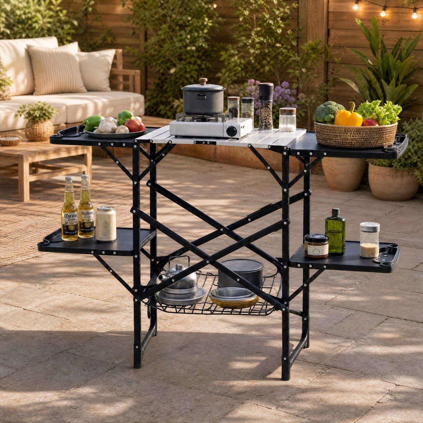 Black Folding Camping Kitchen Table with 4 Side Tables & Storage Rack