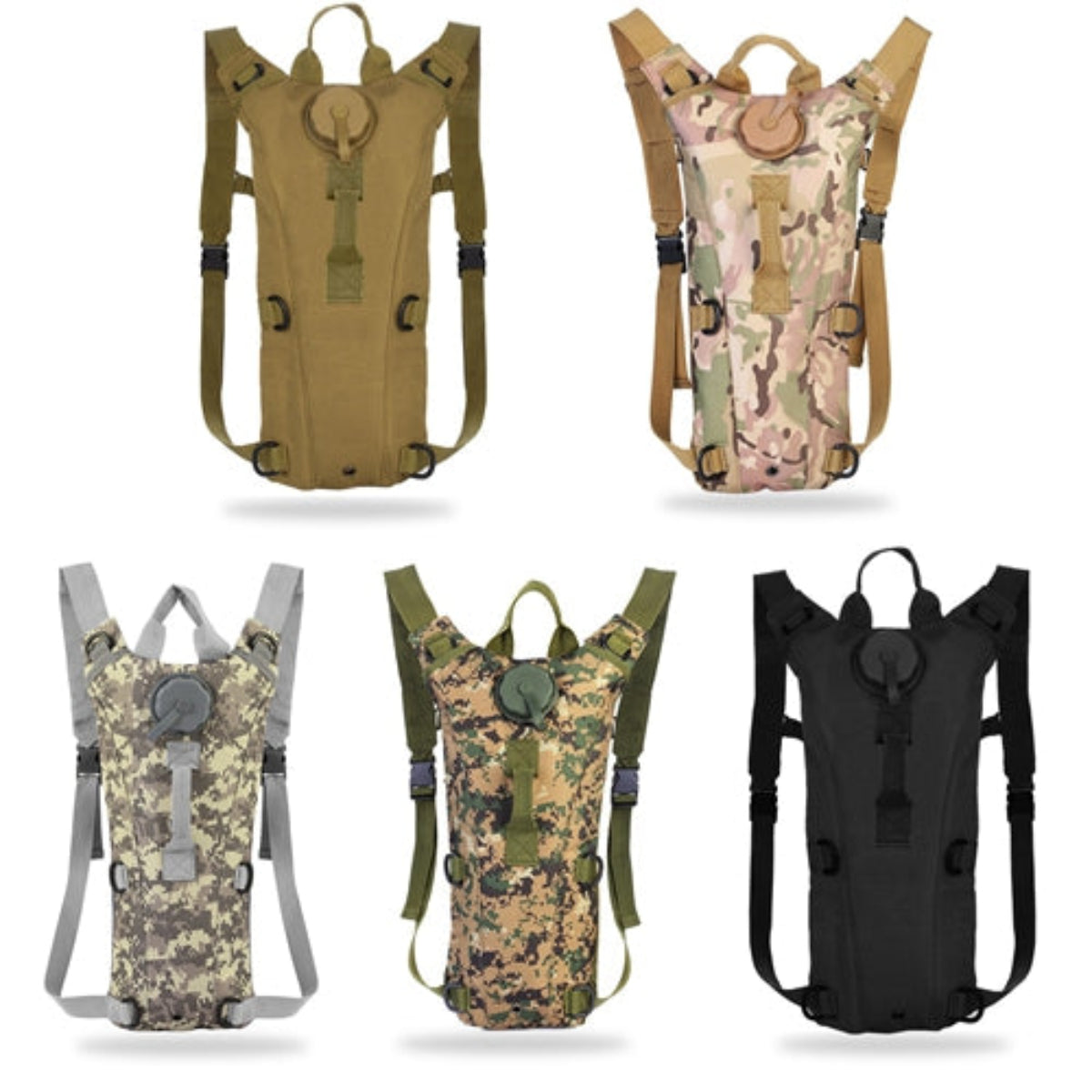 Collection of five hydration backpacks in various colors and designs on a white background.
