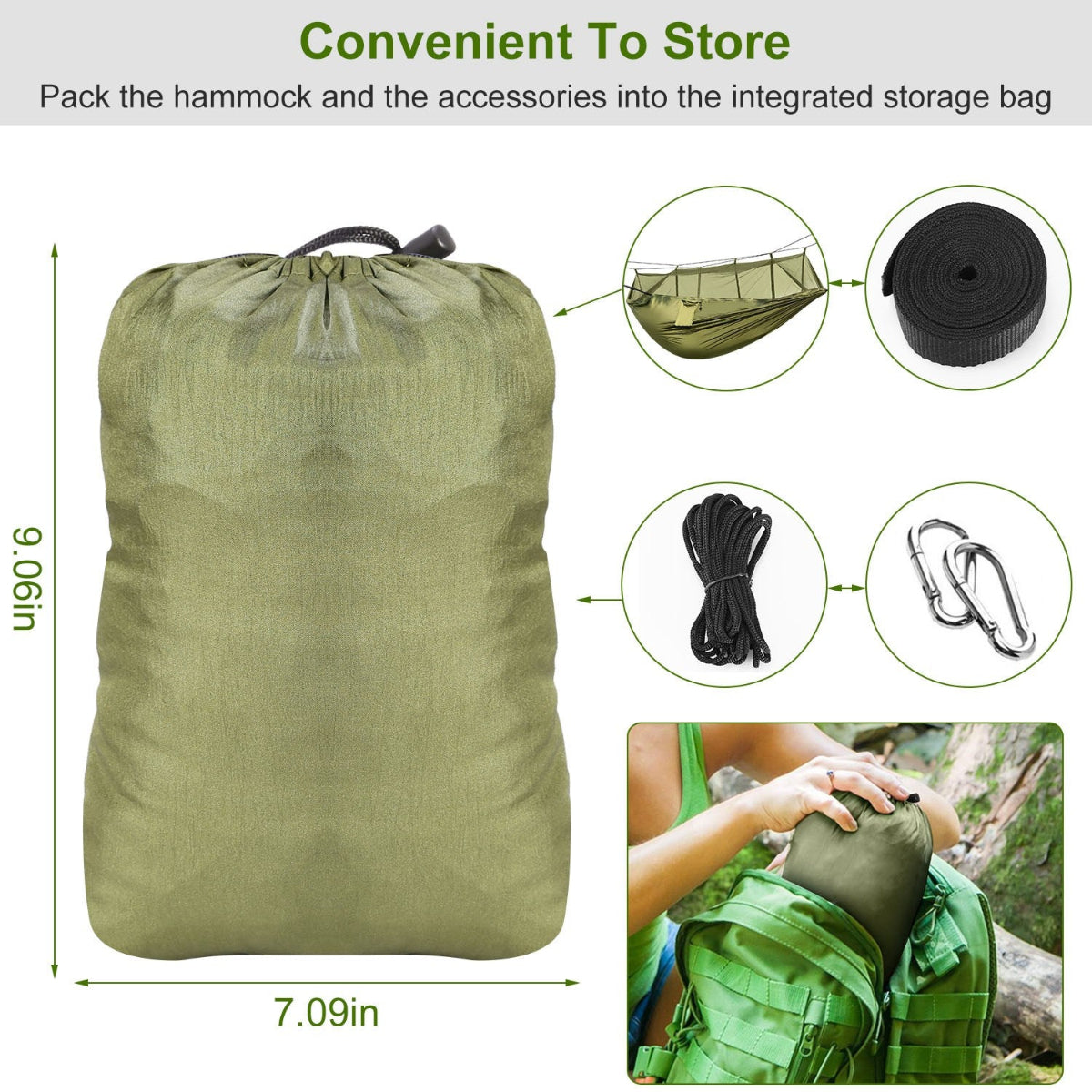 Green hammock storage bag with dimensions and accessories on a white background