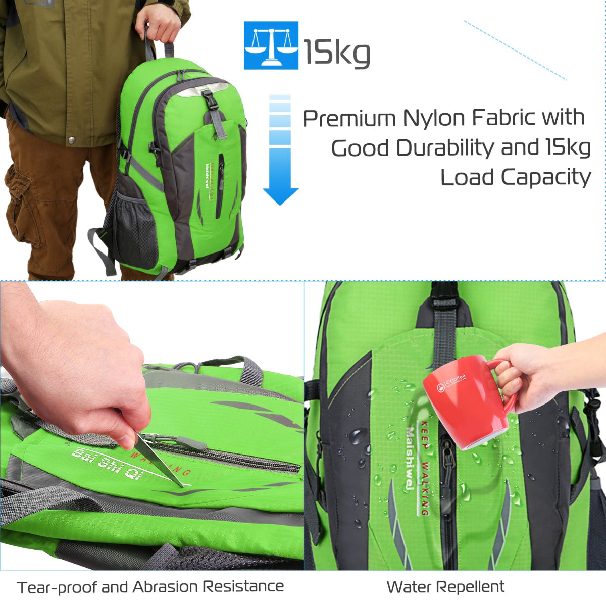 Green backpack with durability and capacity features highlighted