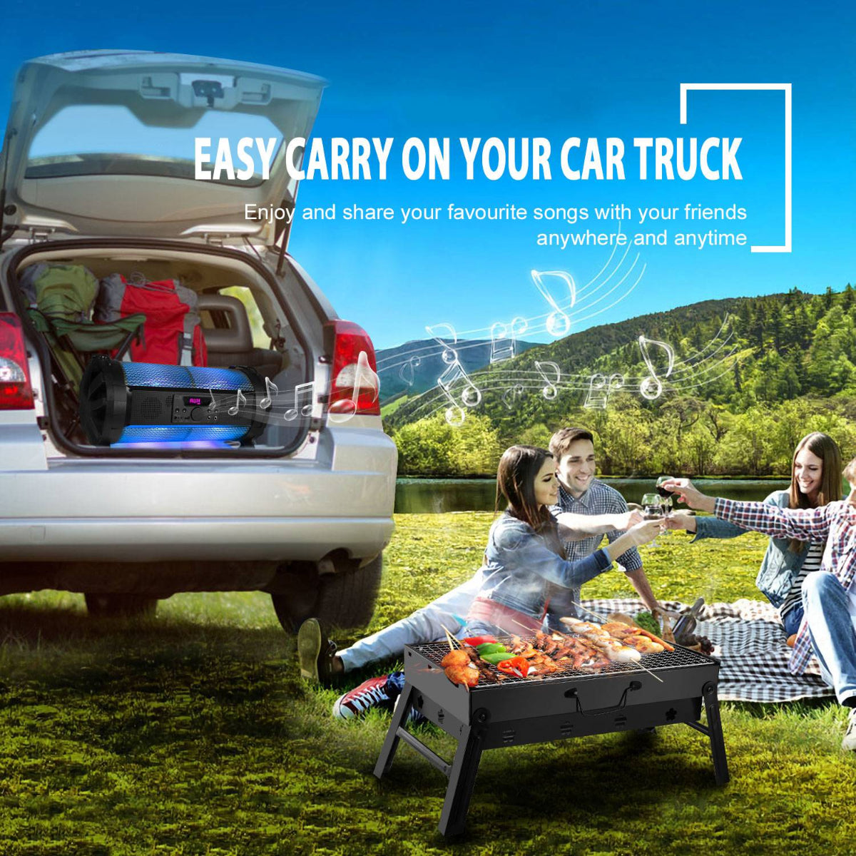 People enjoying a picnic by a car with an open trunk, music notes indicating audio device use.