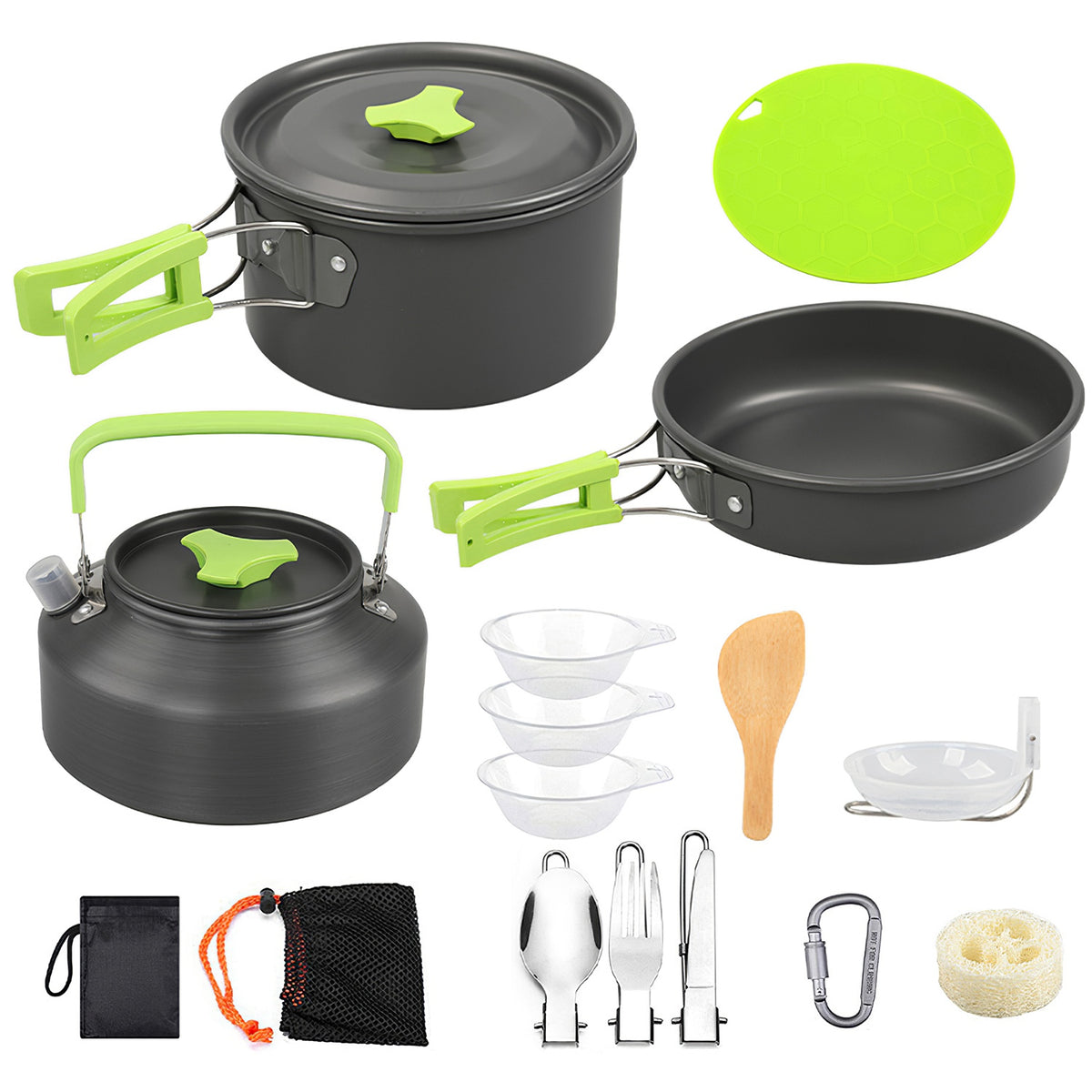 A 4-piece camping cookware set in matte black with bright lime green accents, including a pot, frying pan, kettle, lid, bowls, utensils, and a carrying pouch, arranged on a white background.