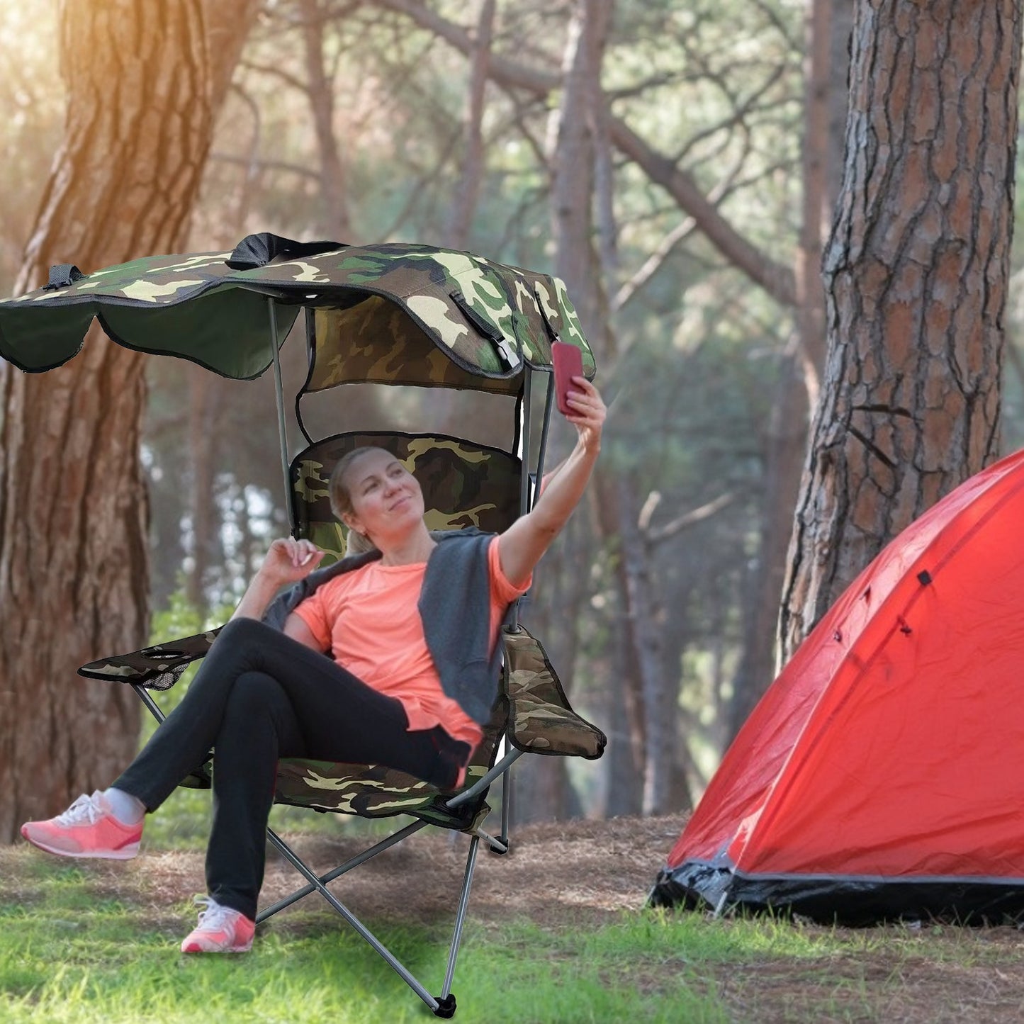 Lake Forest Camouflage Foldable Canopy Camping Chair with Cup Holder