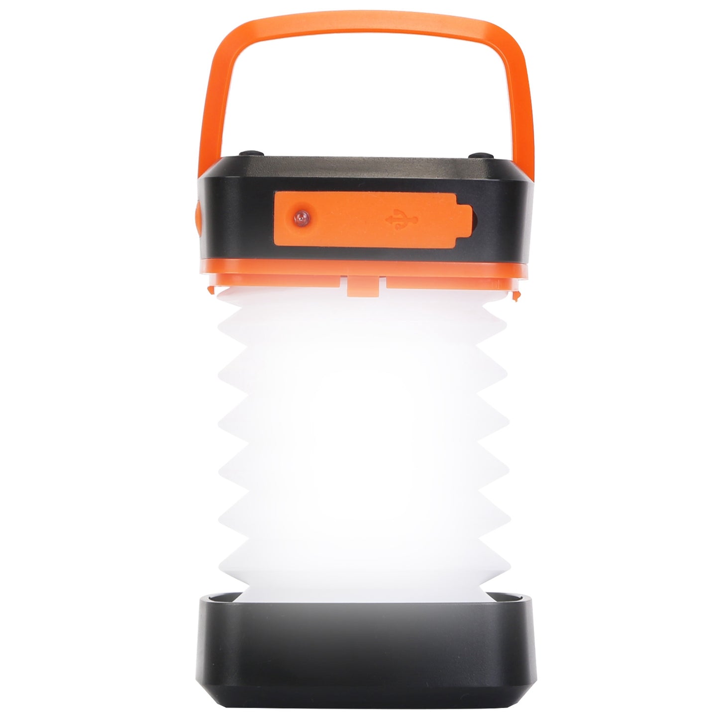 Camping lantern with orange handle and black base on a white background