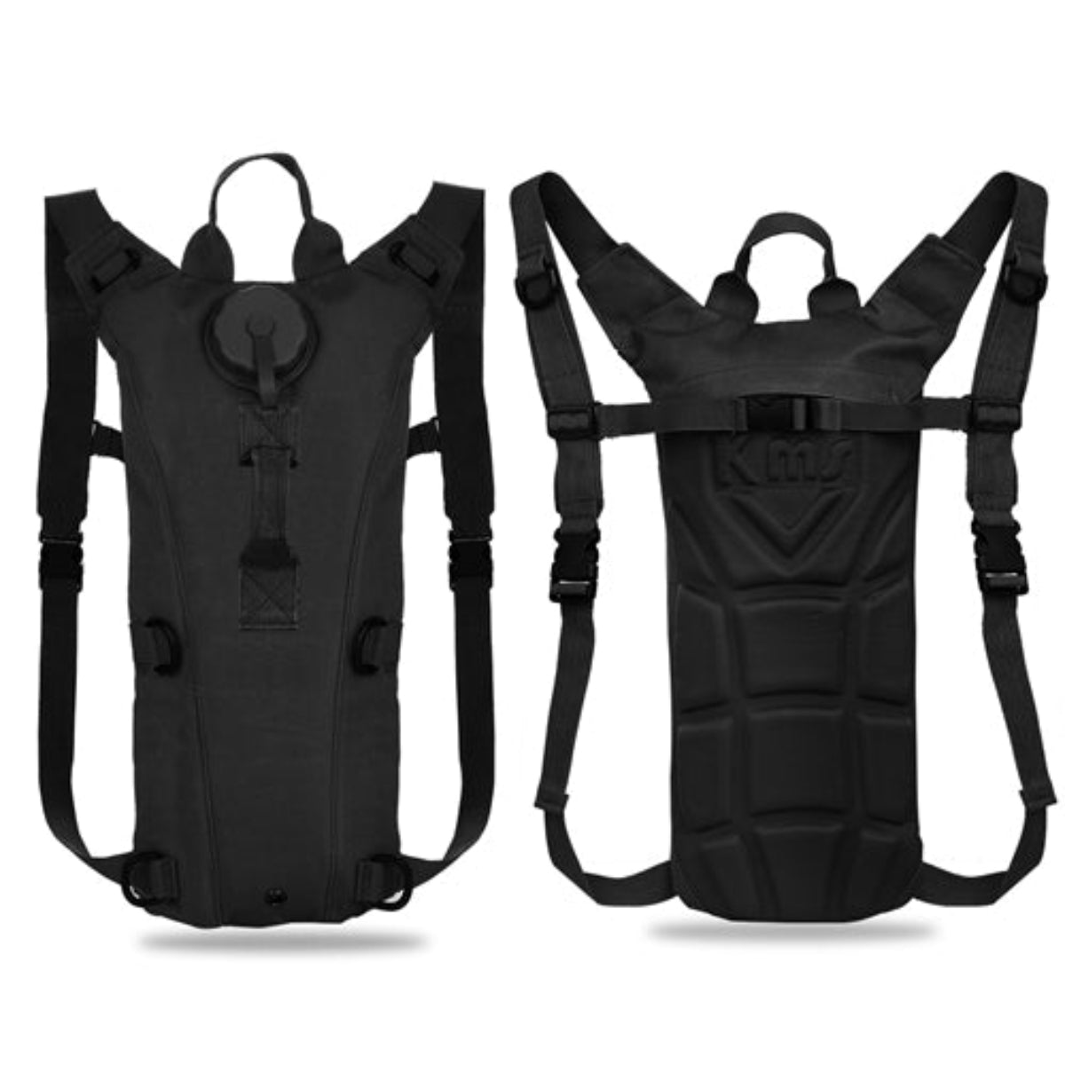 Black hydration backpack with visible branding on a white background