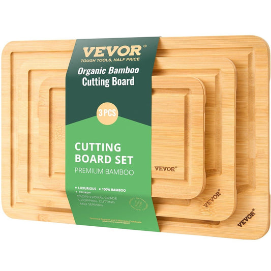 3-Piece Bamboo Cutting Board Set (9×6, 12×8, 15×10 in) - Juice Grooves, Double-Sided — boards, front view, multi-item