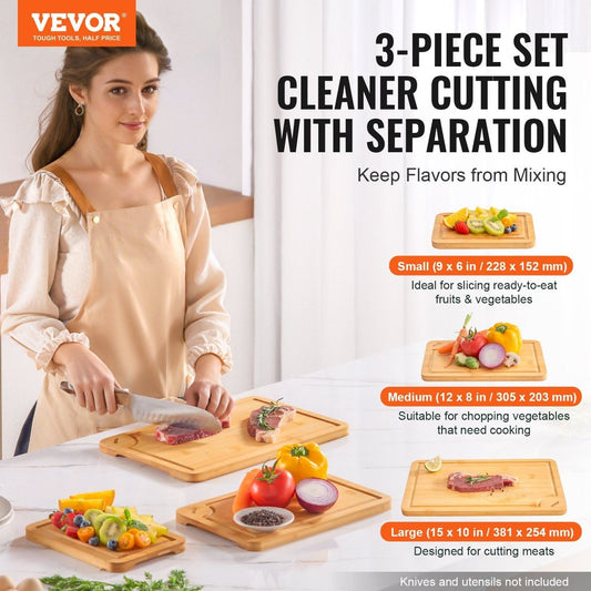3-Piece Bamboo Cutting Board Set (9×6, 12×8, 15×10 in) - Juice Grooves, Double-Sided — boards, angled view, multi-item
