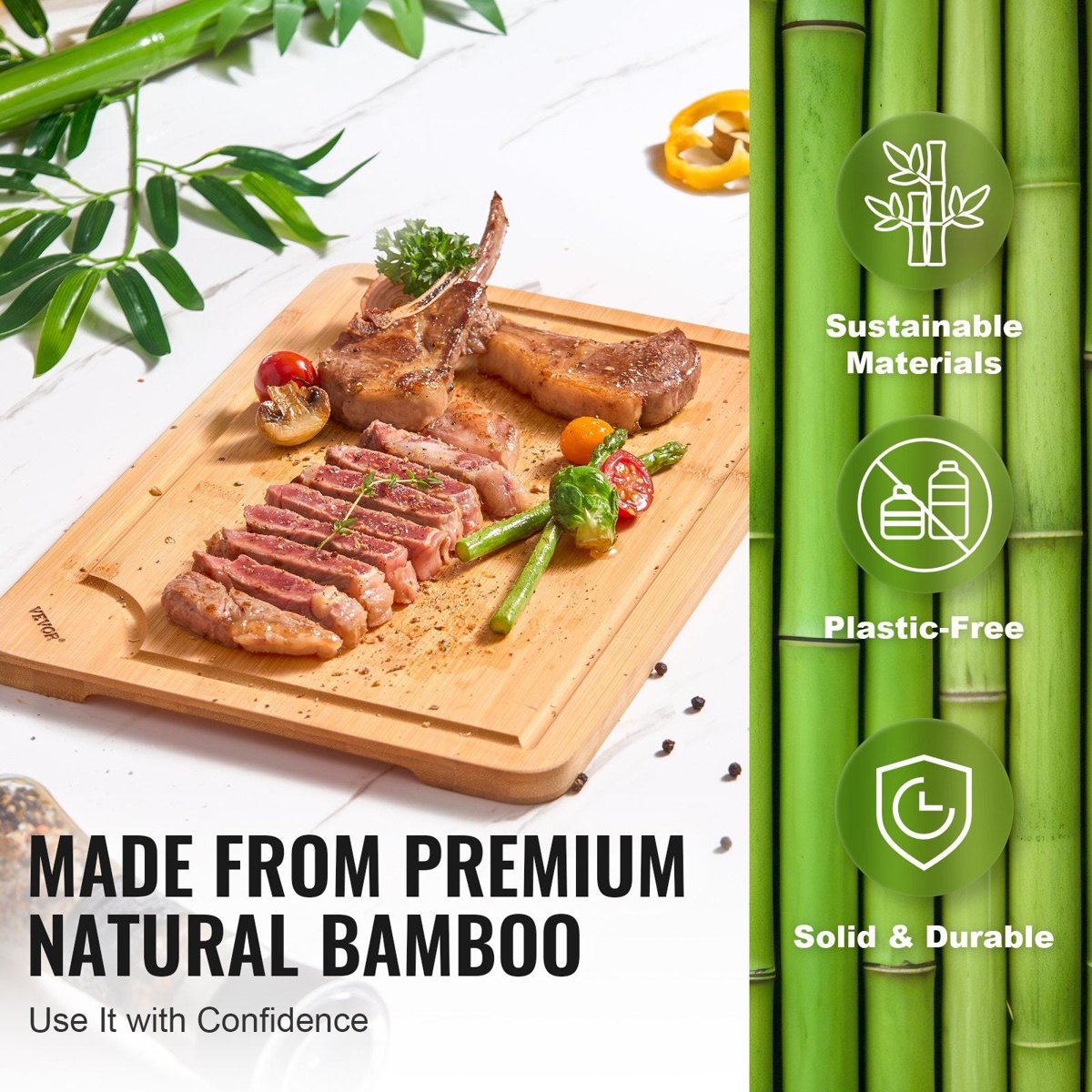 3-Piece Bamboo Cutting Board Set (9×6, 12×8, 15×10 in) - Juice Grooves, Double-Sided — boards, detail, multi-item