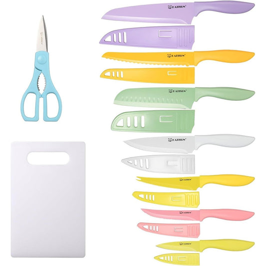 30-Piece Multicolor Knife Set - Stainless, Shears & Blade Covers — kitchen knives, front view, multi-item