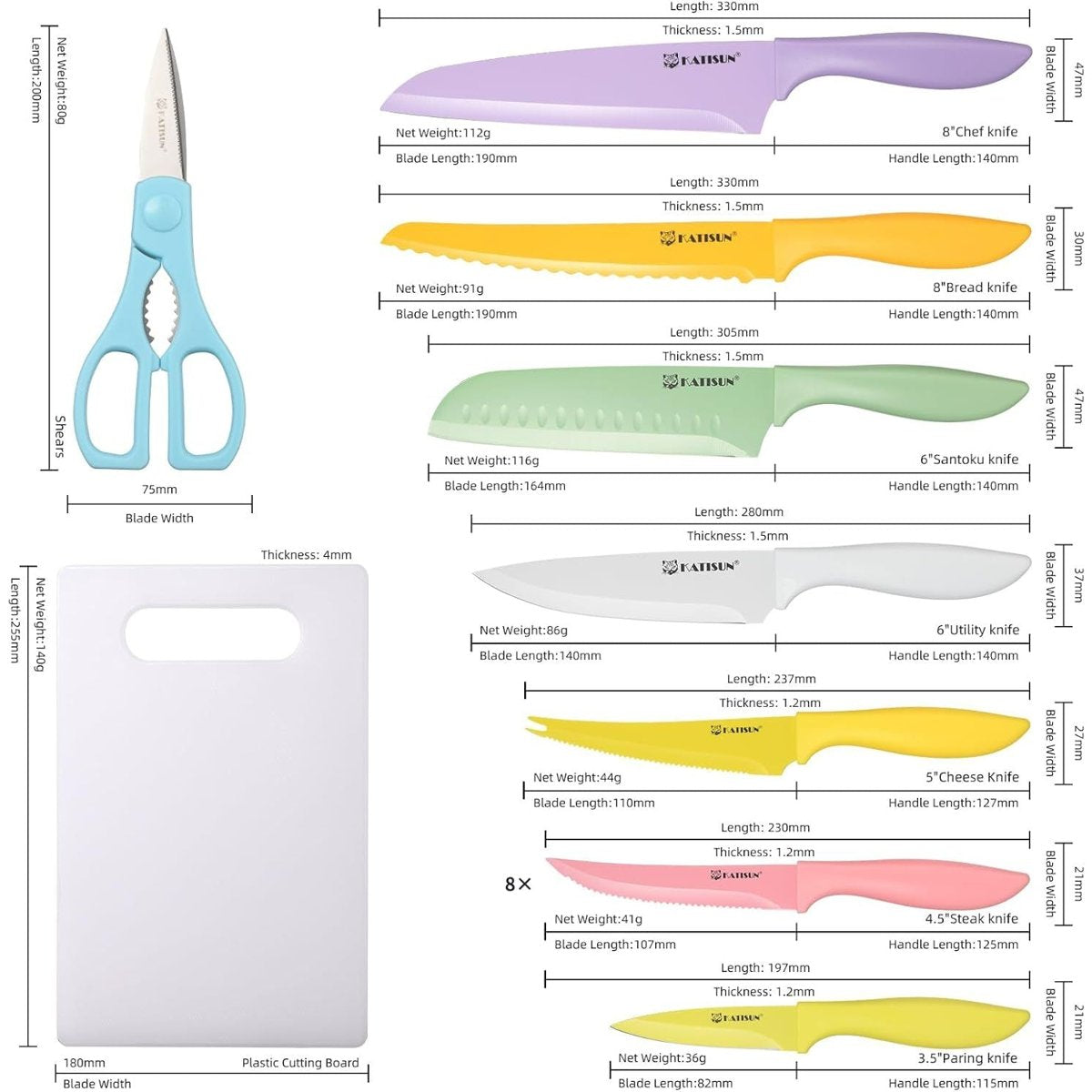 30-Piece Multicolor Knife Set - Stainless, Shears & Blade Covers — multi-color, kitchen knives, angled view, multi-item