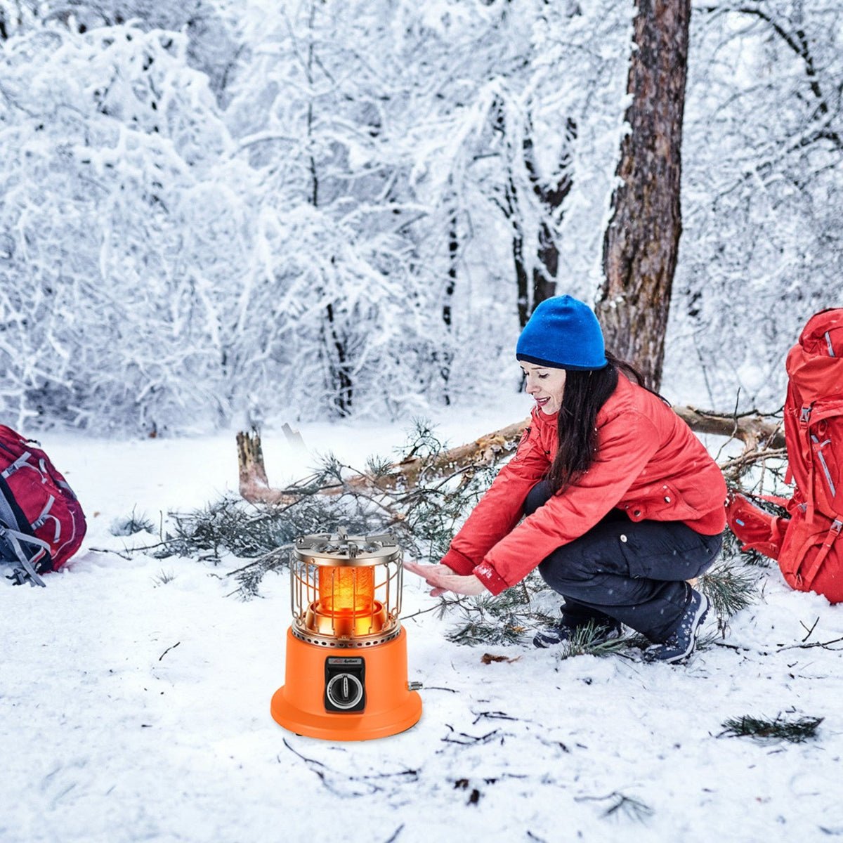 heater stove placed on ground in a snowy campsite setting