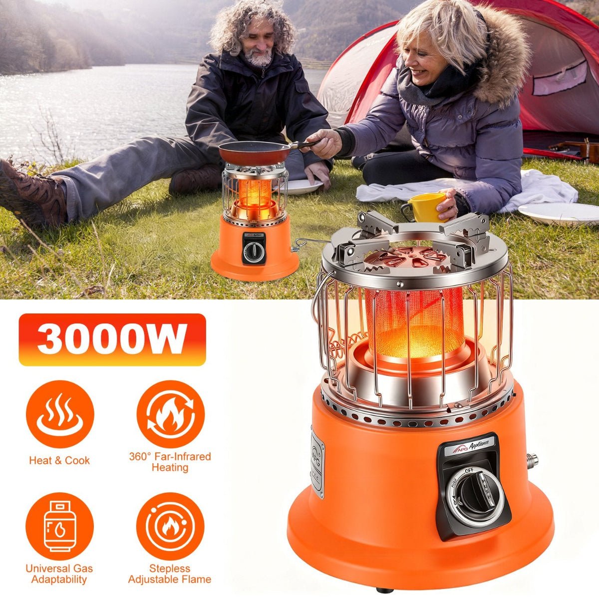 propane heater stove positioned outside a tent at a campsite