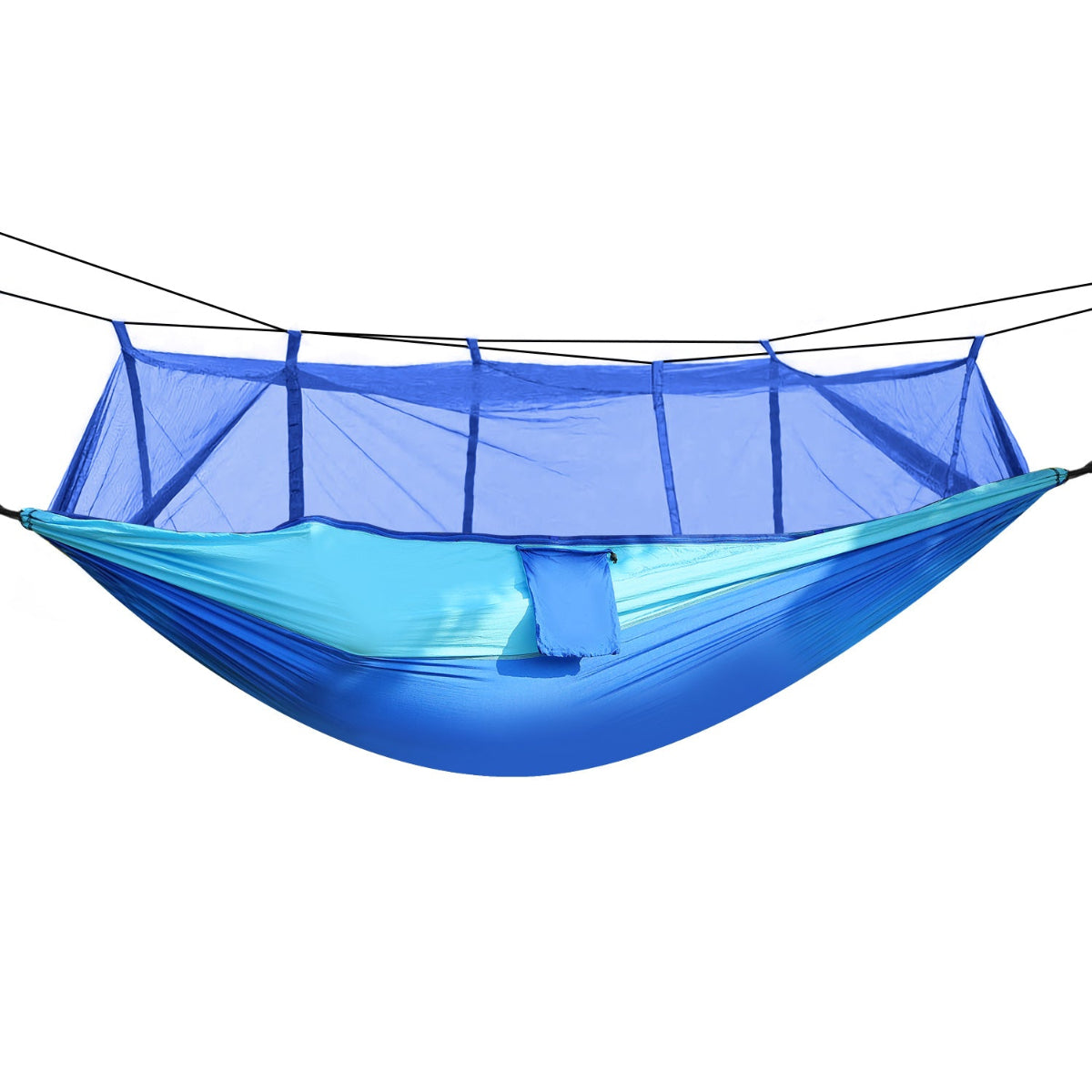 Blue hammock with mosquito net on a white background