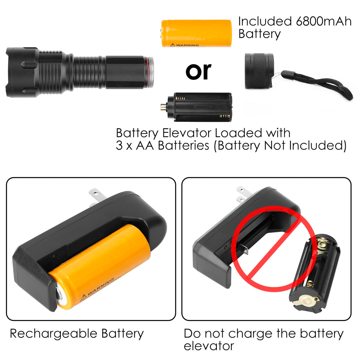 Flashlight with battery options including a 6800mAh rechargeable battery and a battery elevator with AA batteries.