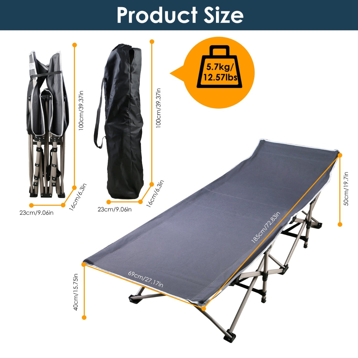 Camping cot with dimensions and weight information on a white background