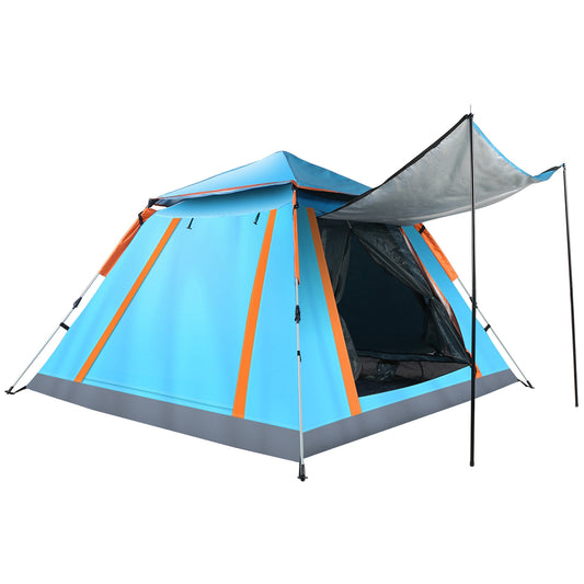A light blue camping tent with orange vertical stripes, a gray floor trim, and an attached gray rainfly extension, shown on a plain white background.