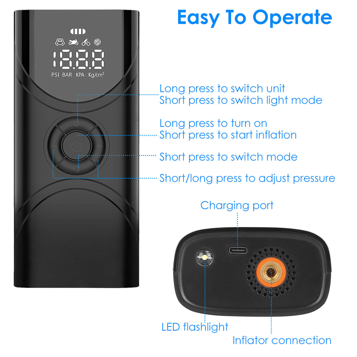 Black electronic device with digital display and various buttons labeled on a white background