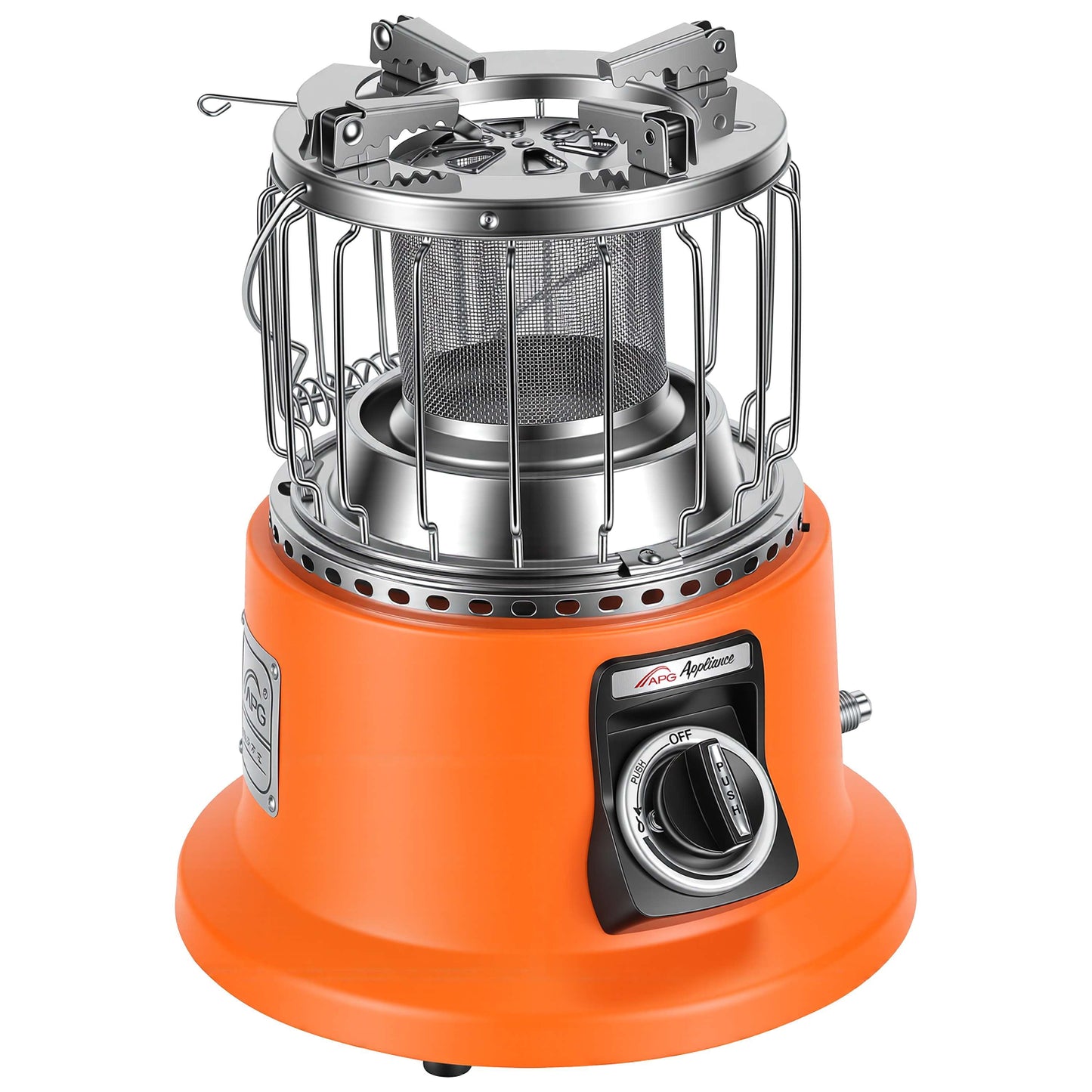 Orange camping stove with metal top on a white background