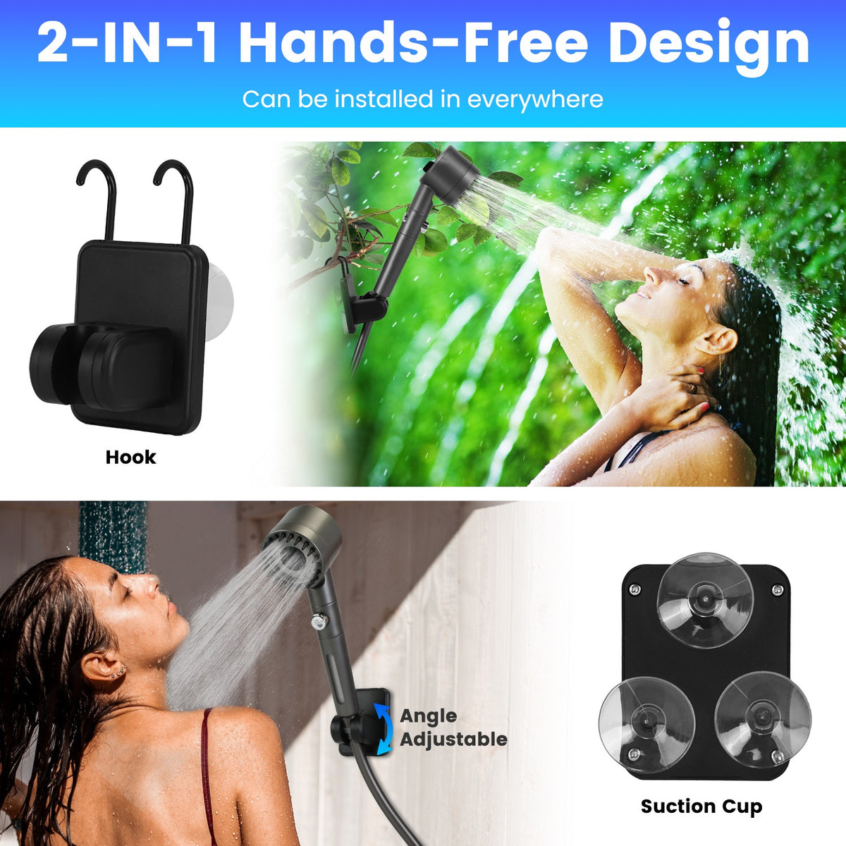 Shower head with hook, suction cup, and adjustable design for hands-free showering.