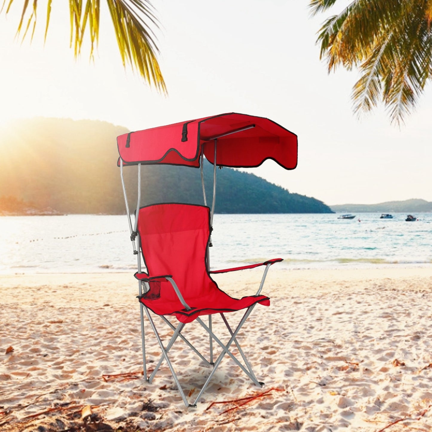 Red Foldable Canopy Camping Chair with Cup Holder