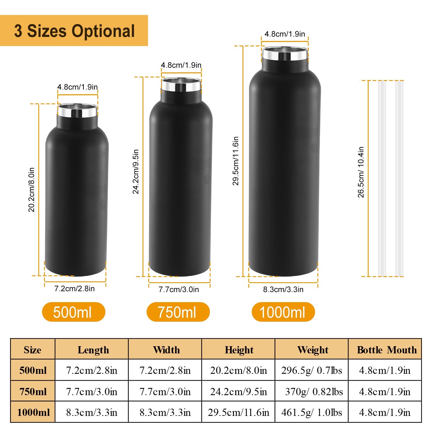 Black water bottles with measurements for three different sizes on a white background.
