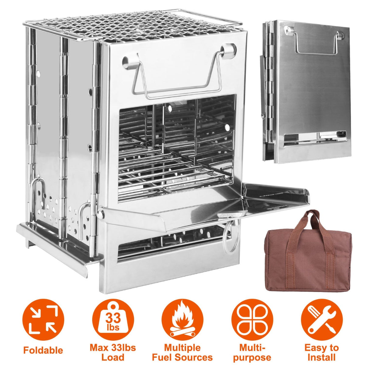 Foldable metal grill with features highlighted on a white background