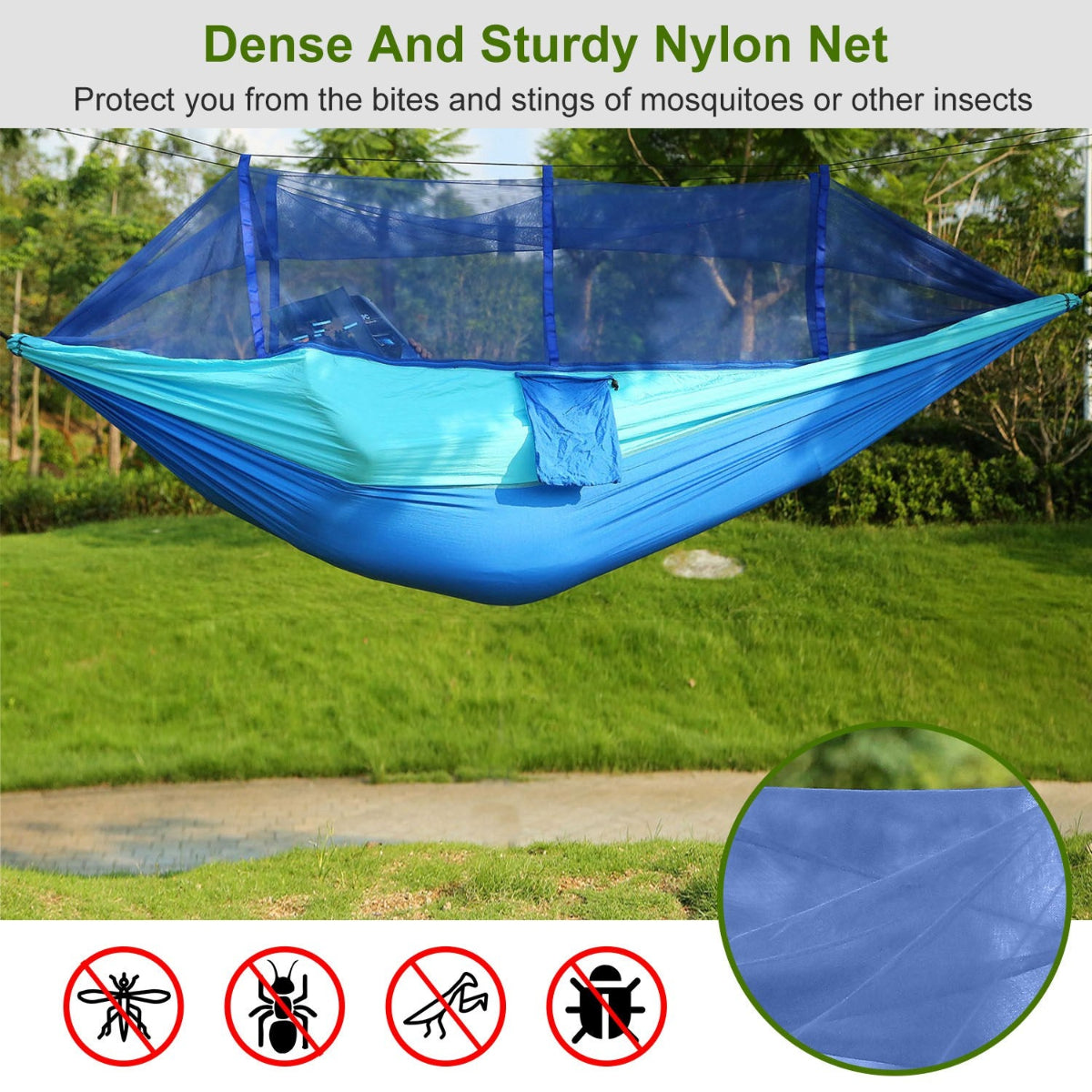 Blue hammock with insect netting in a grassy outdoor setting