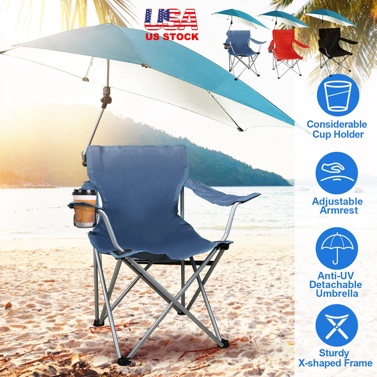 Blue camping chair with umbrella on a beach, featuring text about product features.