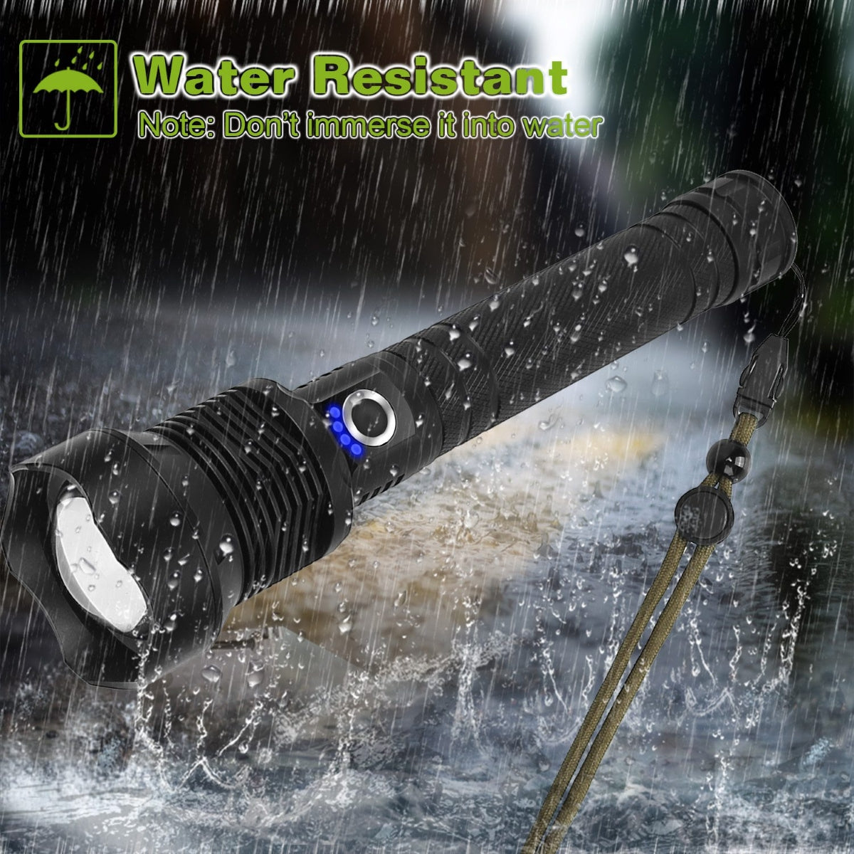 Black flashlight shown in rain with water droplets on the body