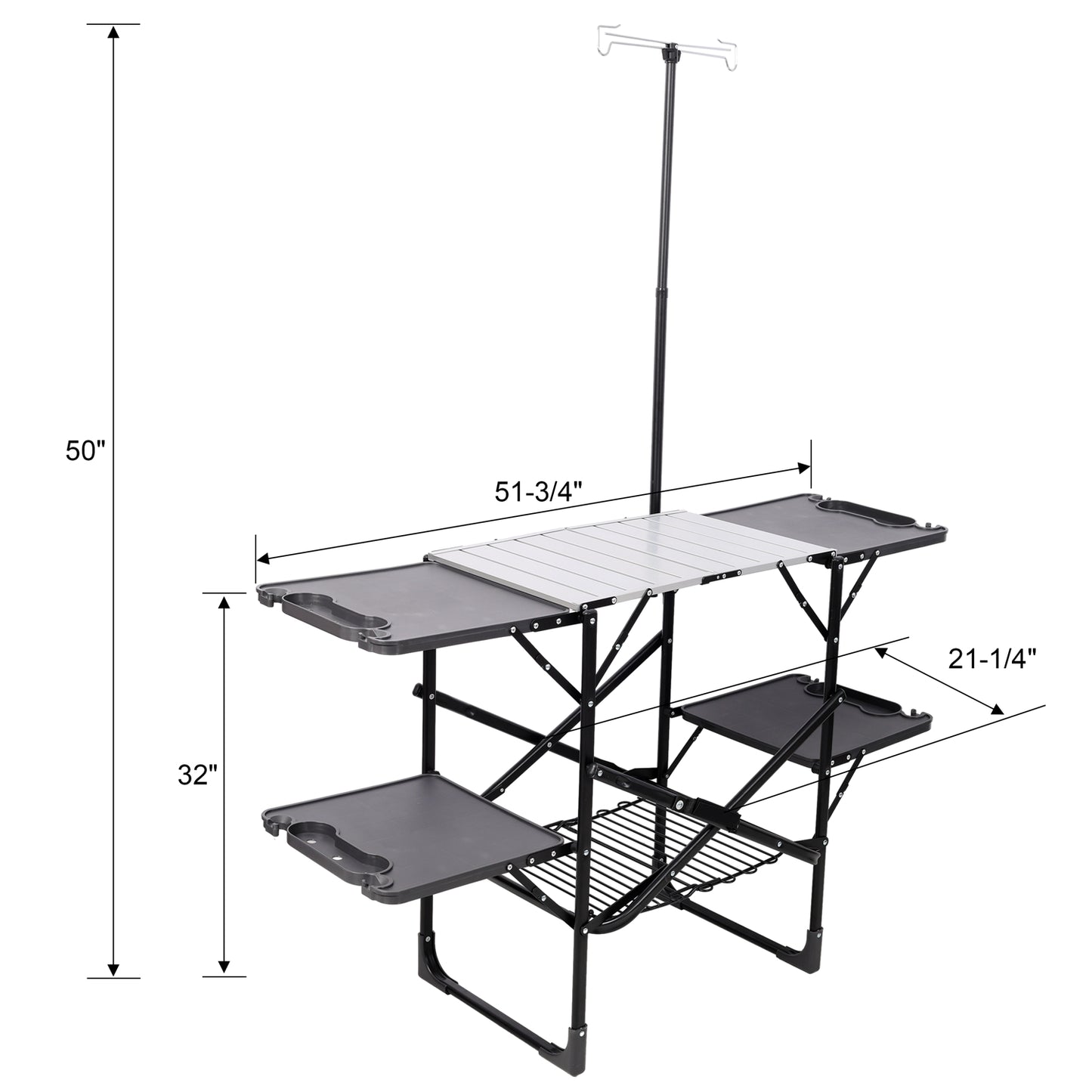 Black Folding Camping Kitchen Table with Lamp Post & 4 Side Tables