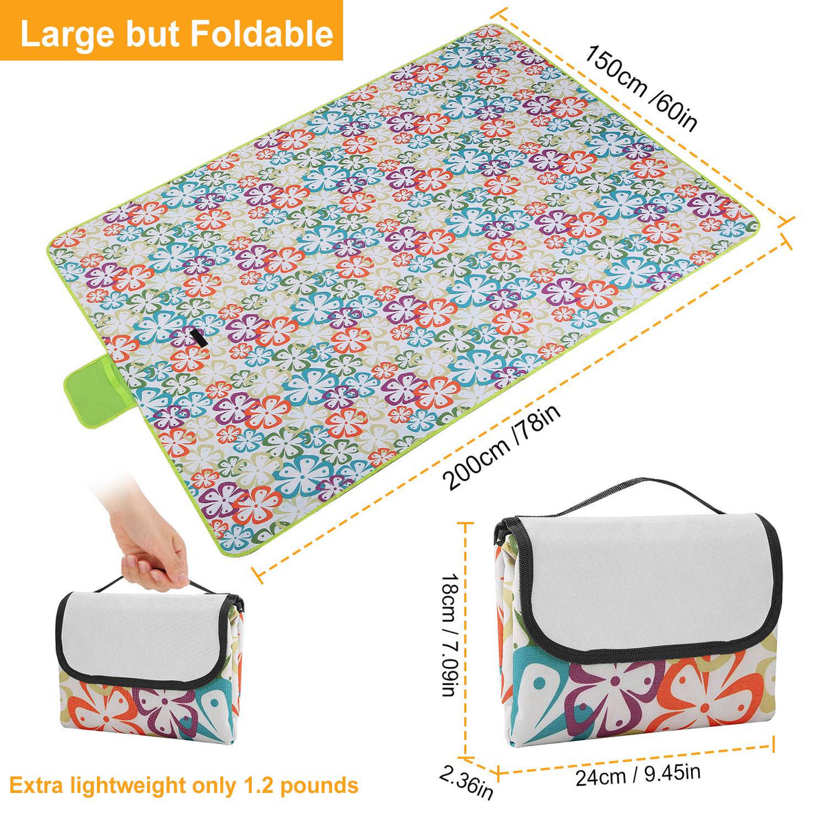 Floral-patterned picnic mat with carrying bag, dimensions, and weight information.