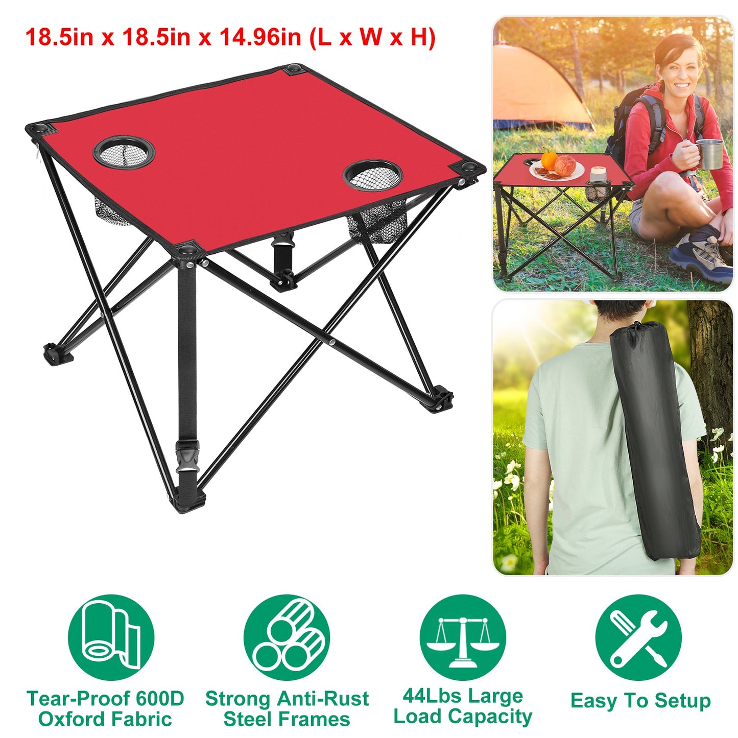 Lake Forest Red Portable Folding Camping Table with 2 Cup Holders