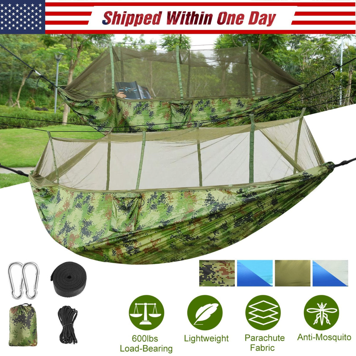 Camouflage hammock with mosquito netting and accessories on a white background
