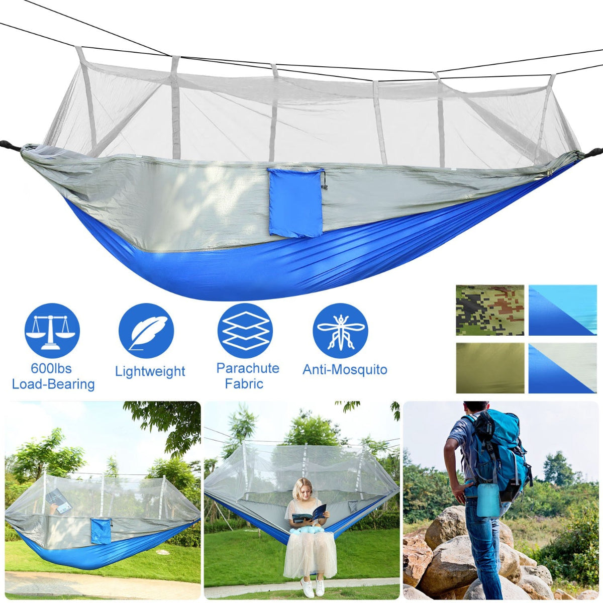Blue hammock with mosquito netting on a tree branch, surrounded by images of the product in use and features.
