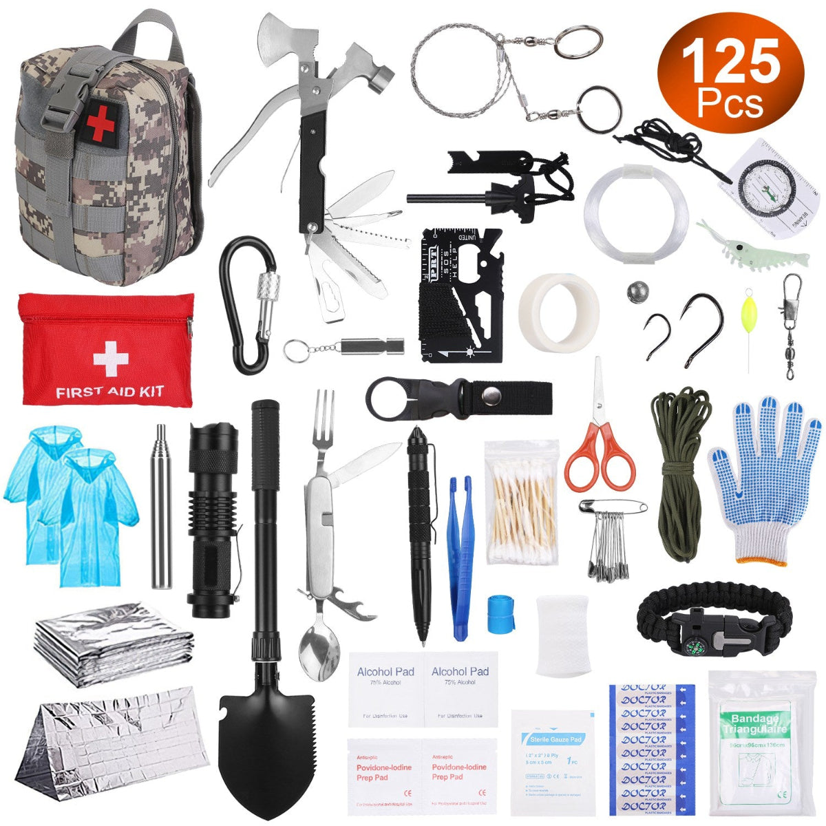 Collection of survival tools and equipment including a first aid kit, flashlight, and multi-tool on a white background.