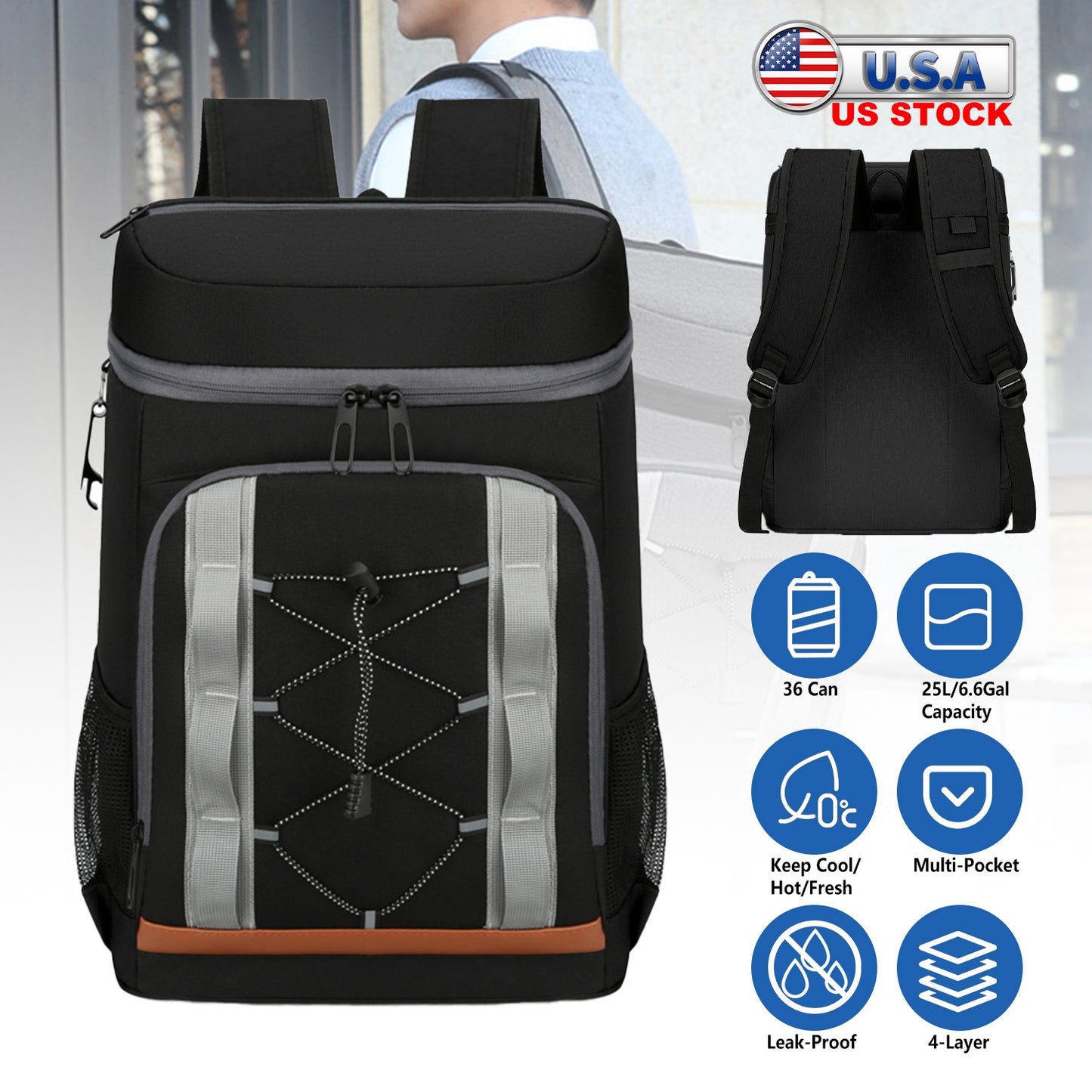 Black backpack with gray accents and a person wearing it, featuring U.S. stock text and product features.