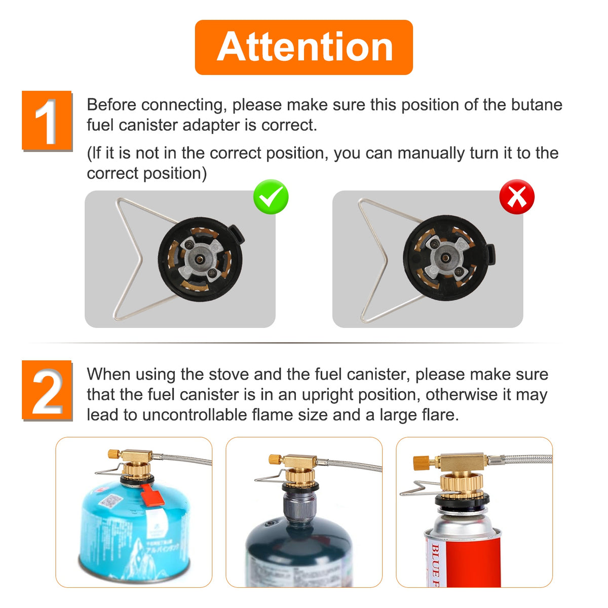 Instructions for butane fuel canister adapter on a stove with correct and incorrect positions shown.