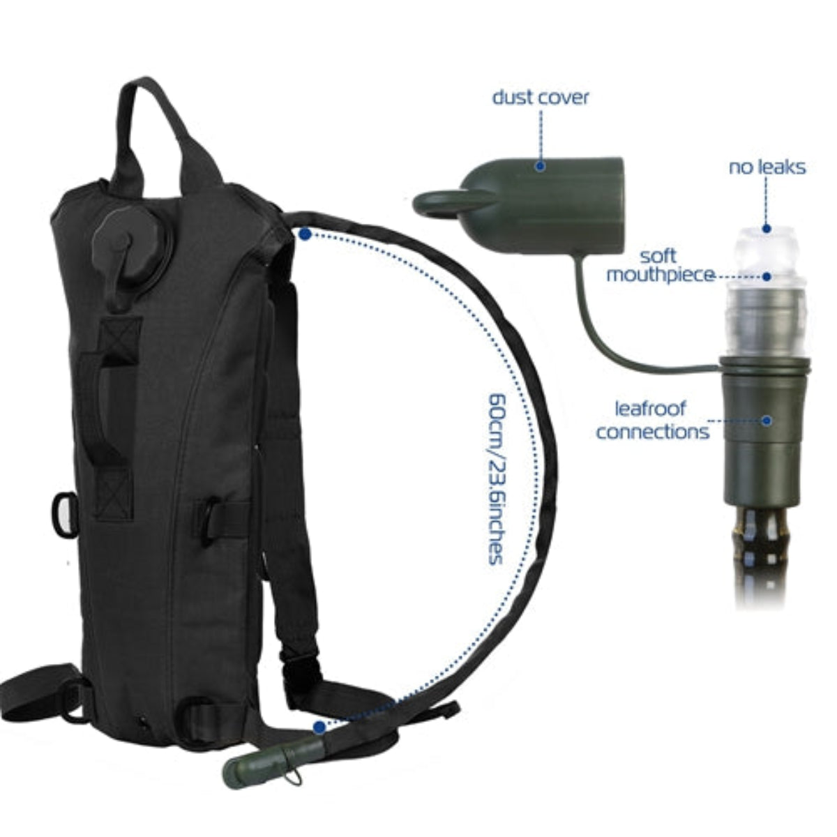 Black hydration backpack with hose and nozzle, labeled features on a white background