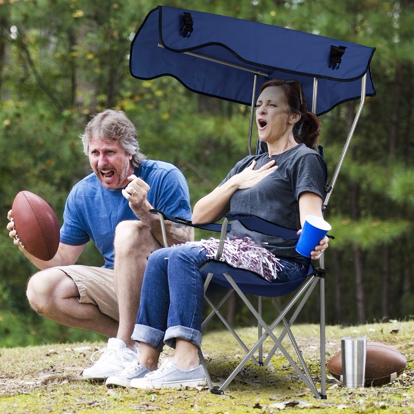 Navy Blue Foldable Canopy Camping Chair with Cup Holder
