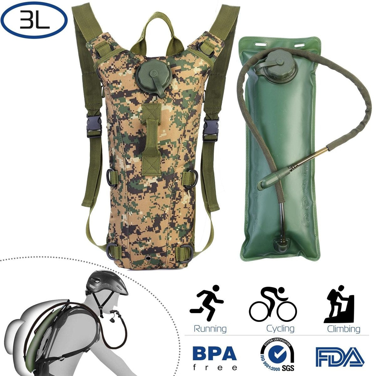 3L Tactical Hydration Pack - 600D Nylon, Bite-Valve Bladder — packs, view 10