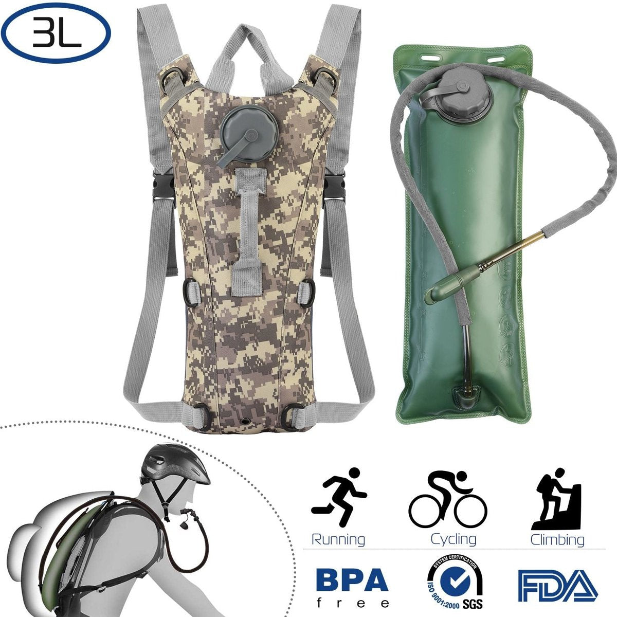 3L Tactical Hydration Pack - 600D Nylon, Bite-Valve Bladder — packs, view 14