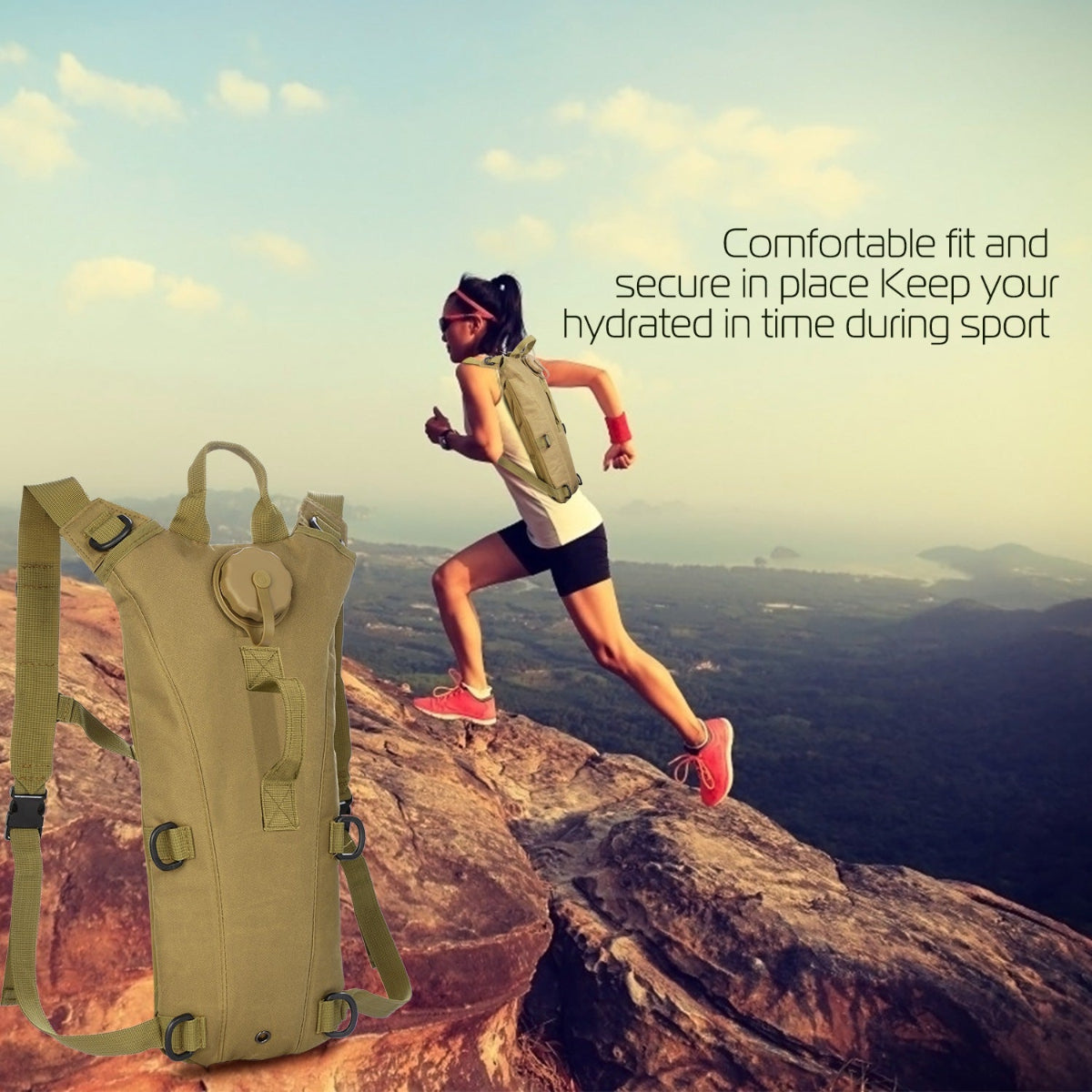 Person running on a mountain with a beige hydration backpack and scenic background